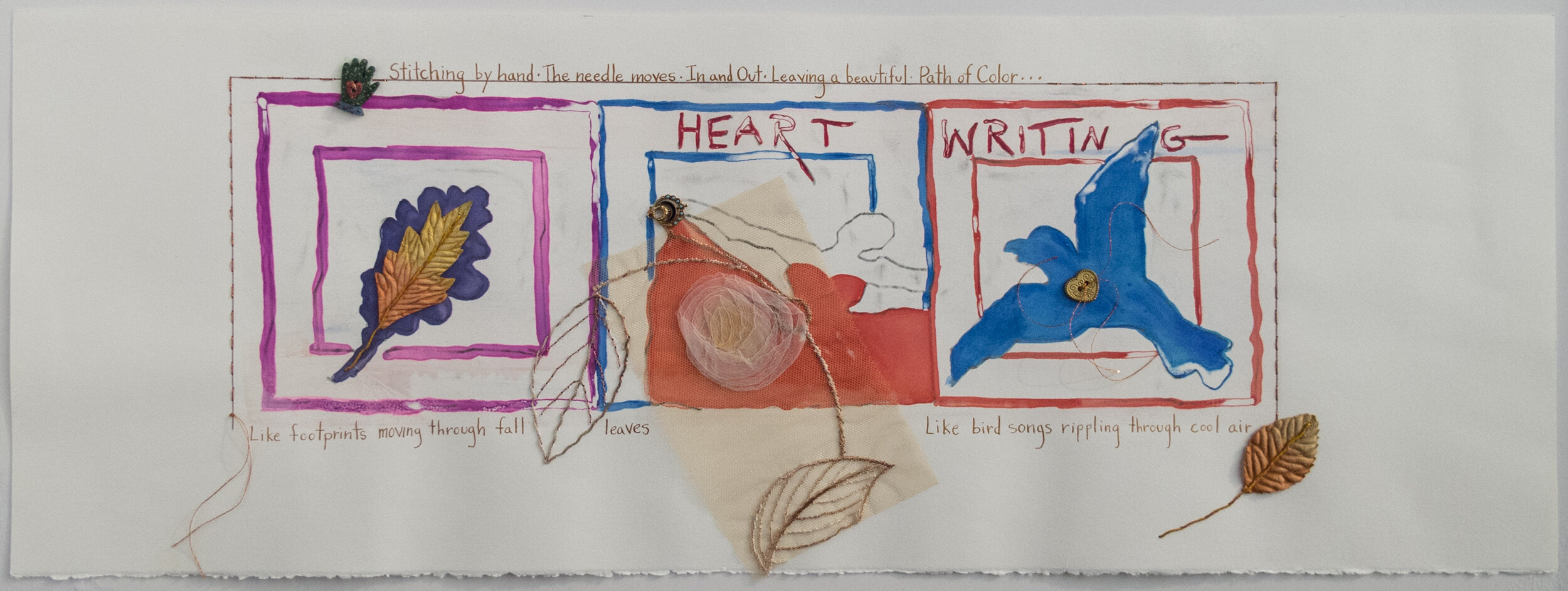 Janet Higgins; Heart Writing #1; Monotype with hand-stitching and various media 