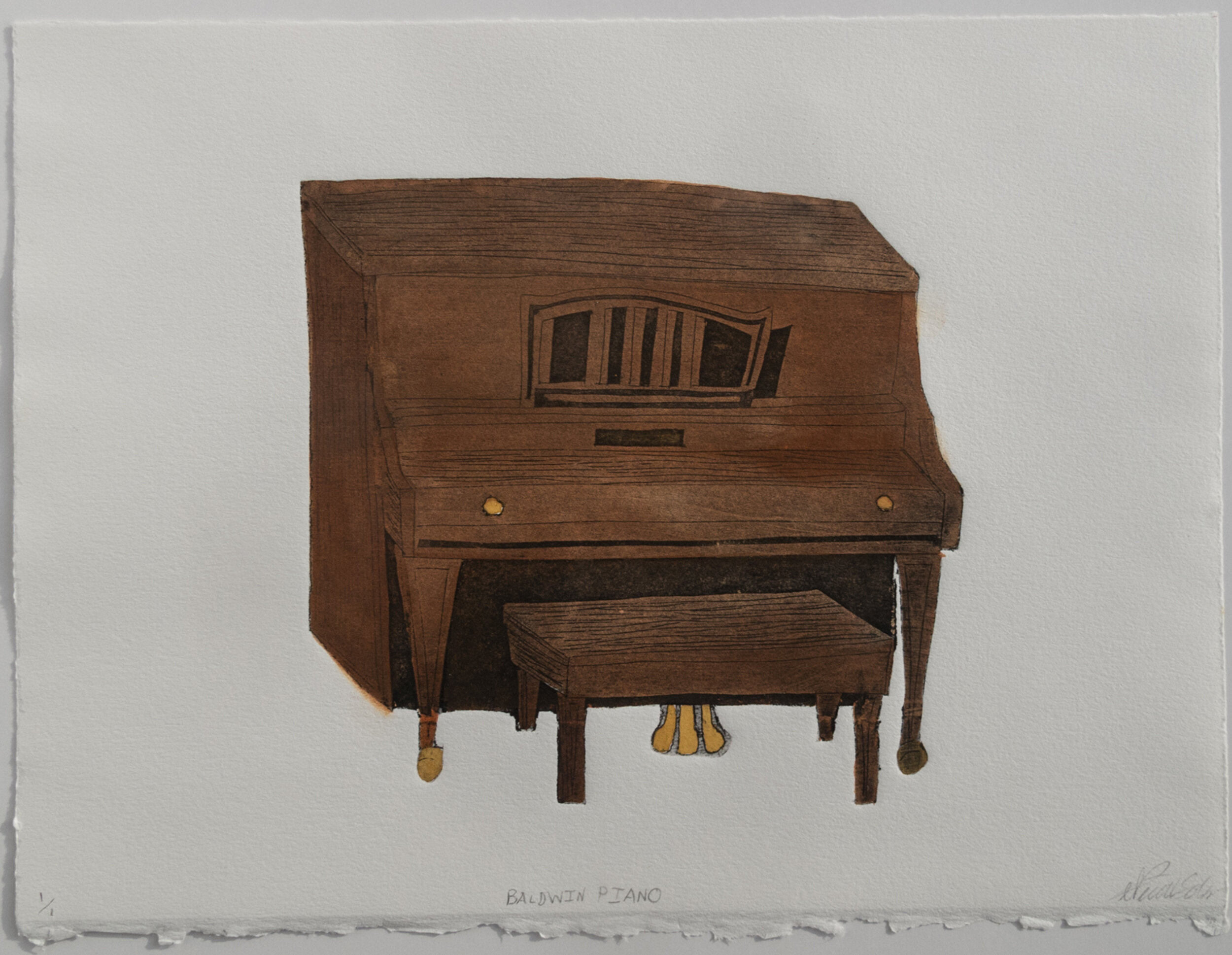 Nicole Soley; Bladwin Piano; collograph and watercolor