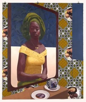Njideka Akunyili Crosby b. 1983, Enugu, Nigeria Works in Los Angeles, California Wedding Souvenirs 2016 Acrylic, colored pencil, collage, and commemorative fabric on paper