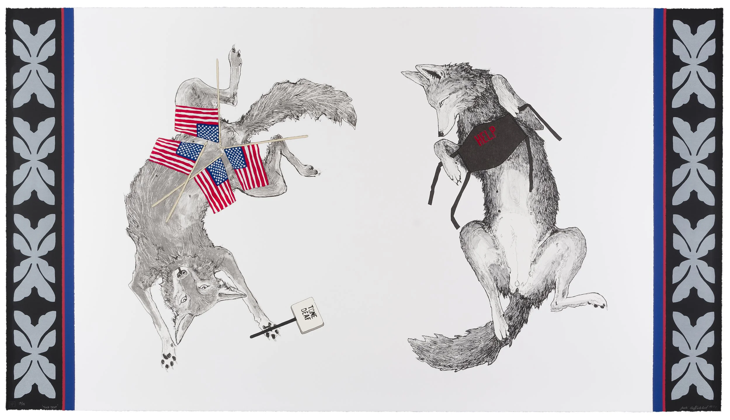 Tone Deaf   by Julie Buffalohead 2021  Edition of 15 | Lithograph, screenprint and collage  | 34 ⅝” x 61 ½”  | $7,000