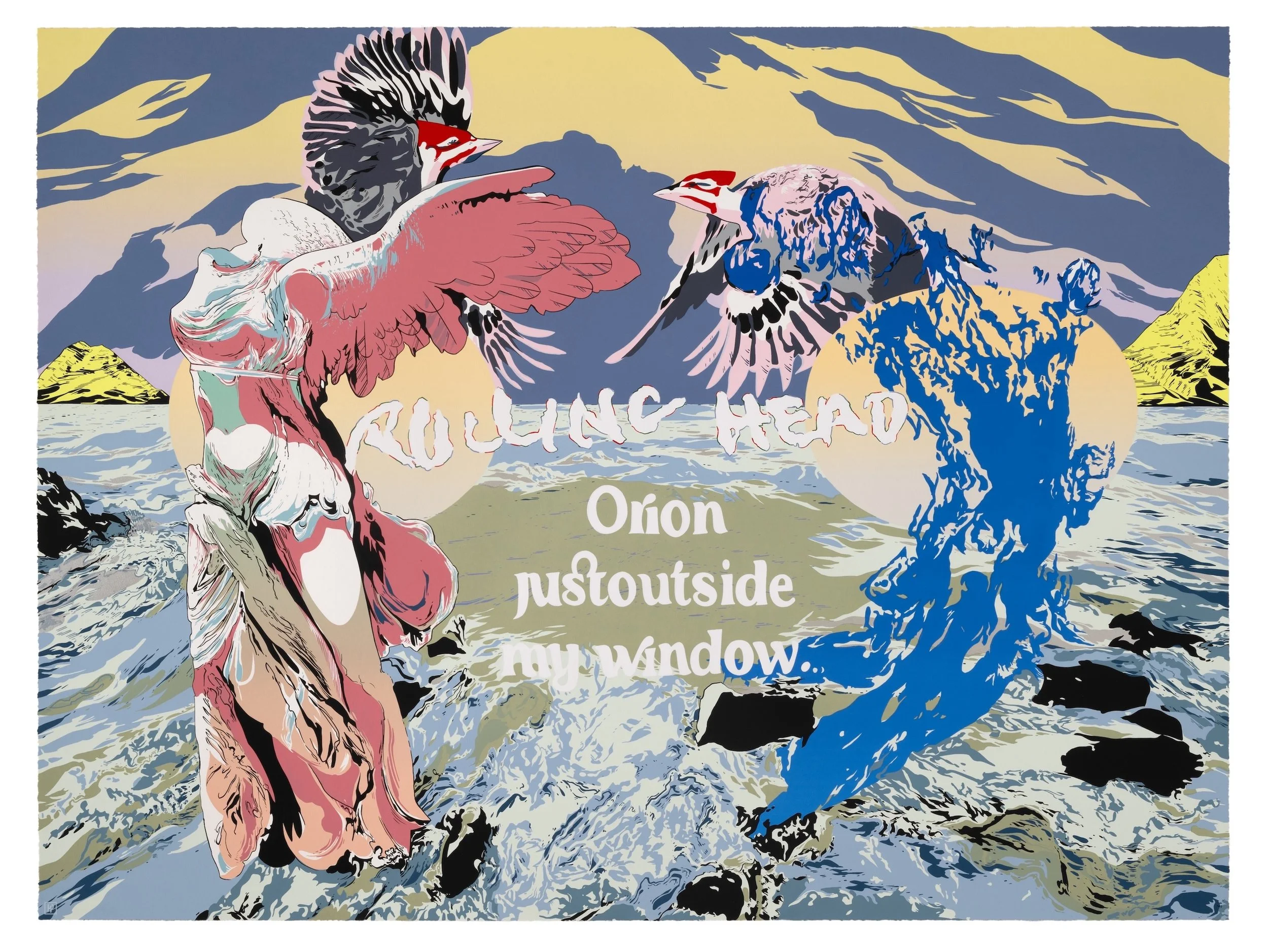 Rolling Head   by Andrea Carlson, 2025  Edition of 20 | 22-run screenprint | 36.25” x 48.5” | $5,000