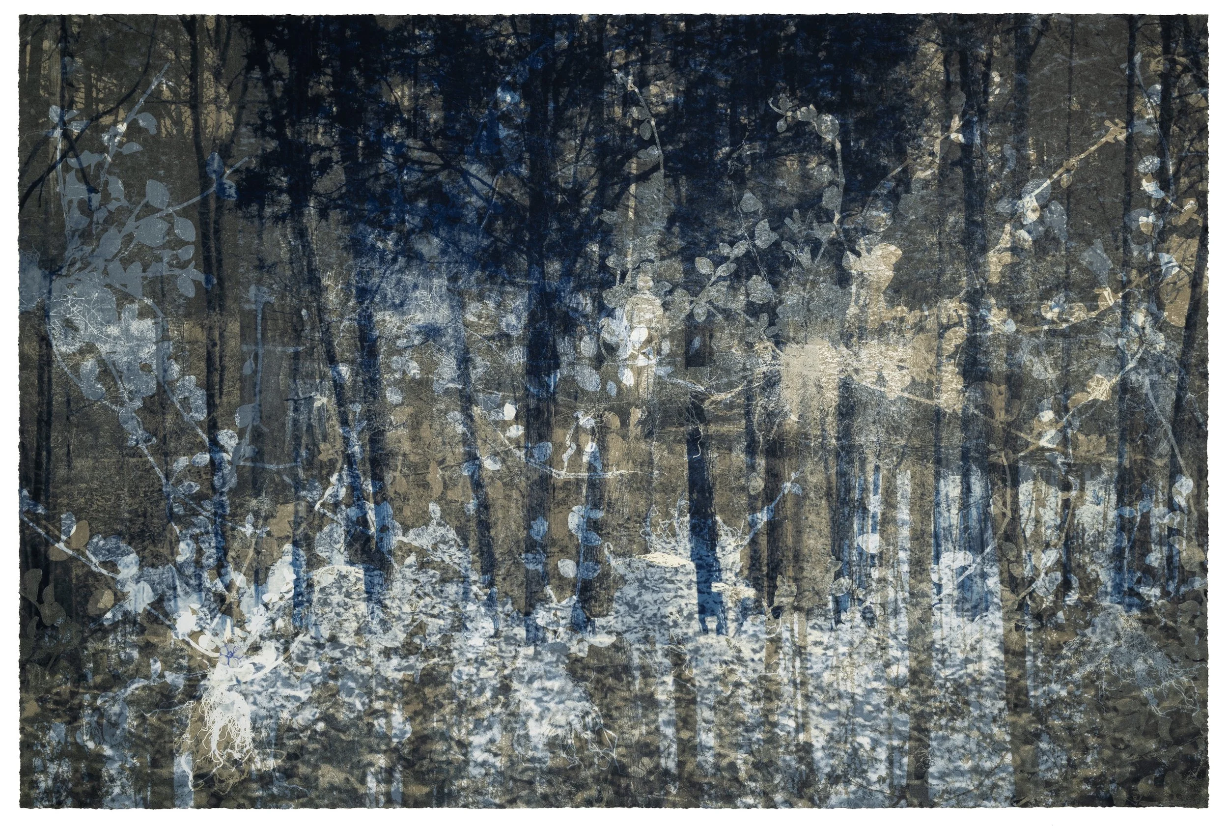    Periwinkle   by Adebunmi Gbadebo, 2026  Edition of 20 | Cyanotype, screenprint with handmade inks, lithograph, and collage | 29 ½ x 44 ½ inches | $4,200  Price subject to increase without notice  To inquire about purchasing email our Gallery Direc