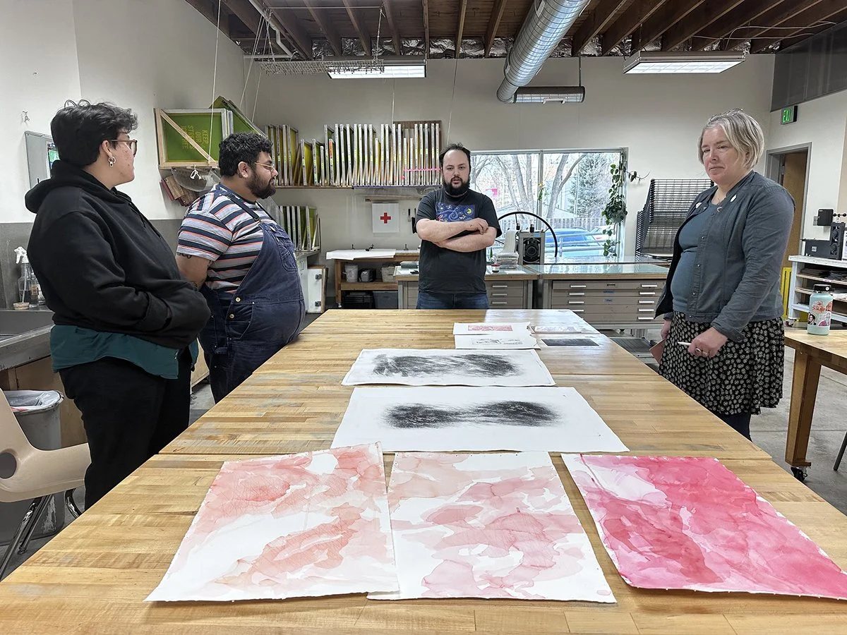 Left to right: Gabi Estrada, Edson Rosas, Dalton Carlson, and Jenny Schmid during an in-progress critique. 