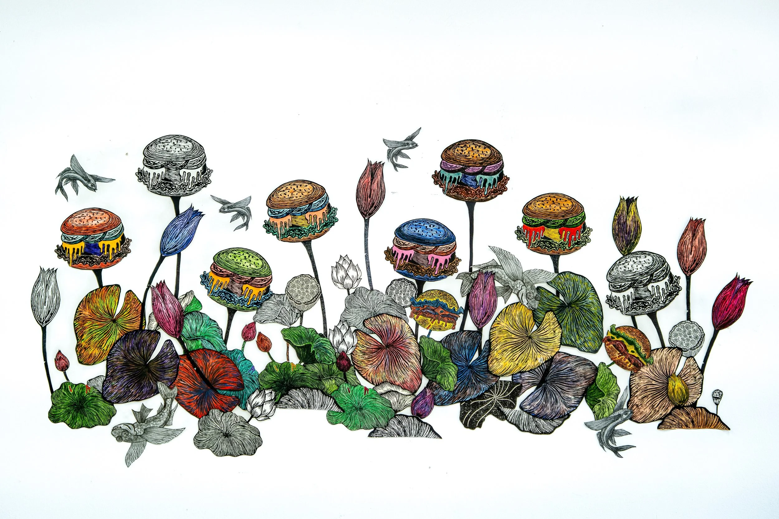  Mai Tran   carno lotus paradise   Woodcut, inkjet, watercolor (installation)  Dimensions variable 