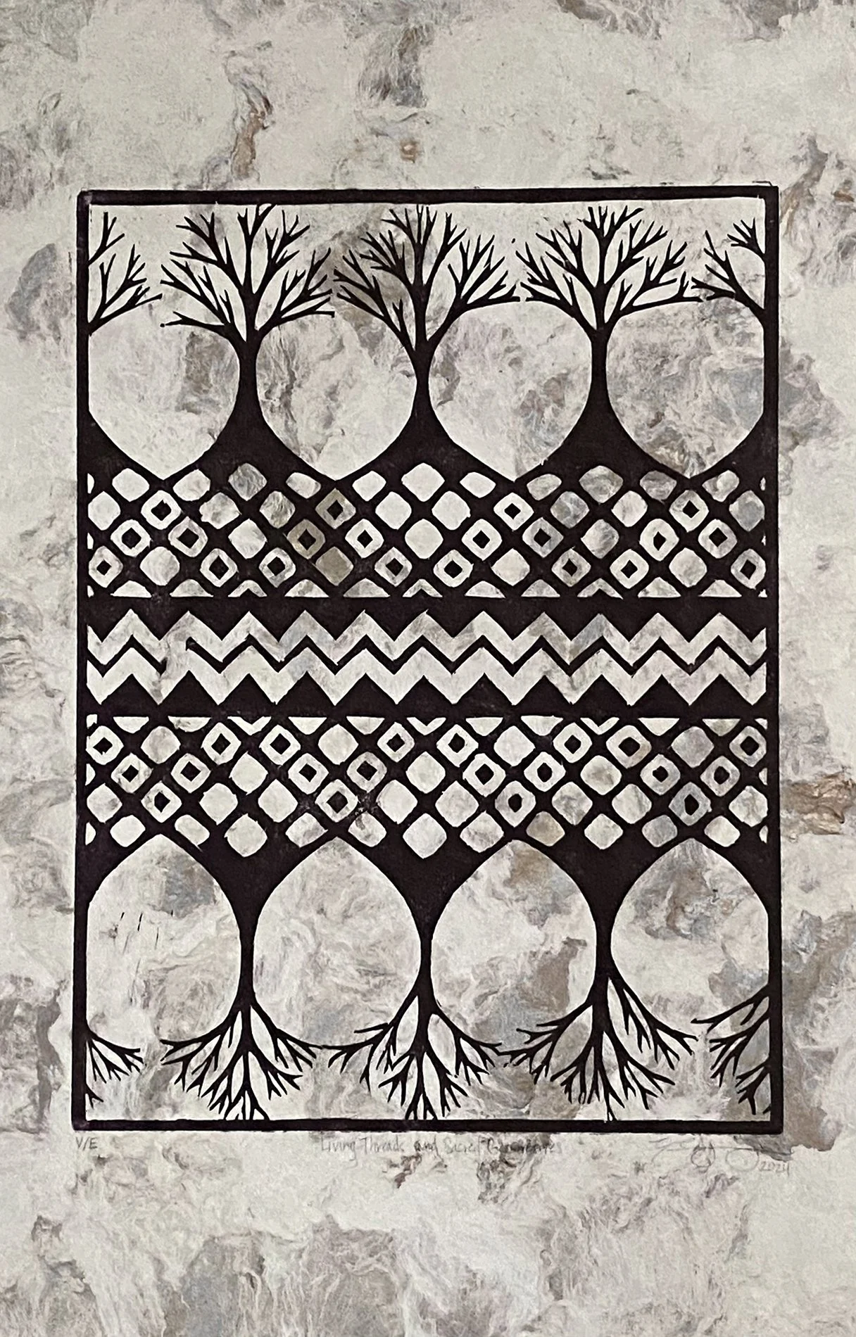   Zamara Cuyún&nbsp;    Living Threads and Sacred Geometries   woodcut on amate paper  23 x 15.5" 