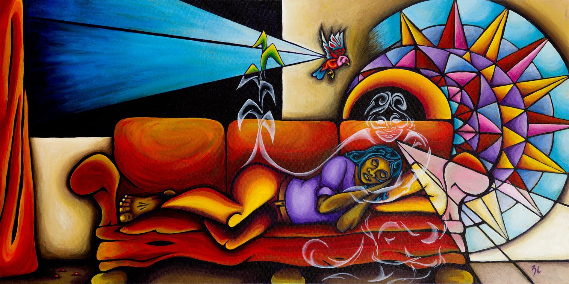  Zamara Cuyún&nbsp;   Visitation, Transformation and Regeneration   acrylic on canvas  18 x 36" 