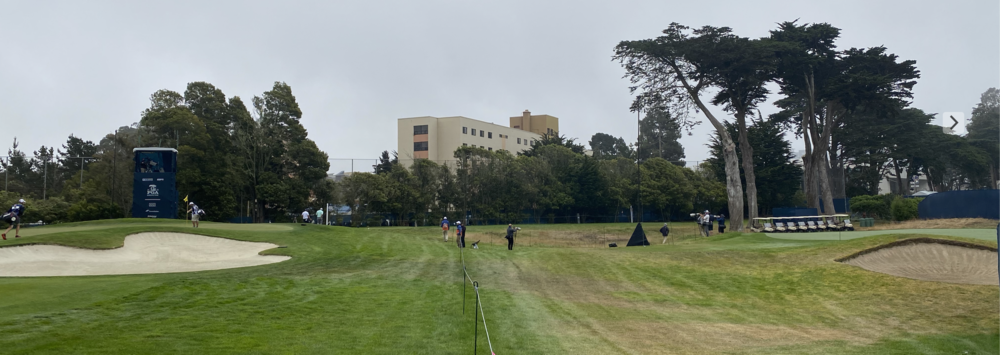 TPC Harding Park’s 11th hole (left) and the Fleming Course’s more befitting bunkers next to it featuring beige sand, raised faces and thick lips