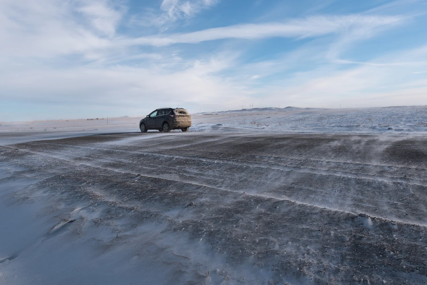 My trusty steed/rental car on a bitterly cold day of blowing snow