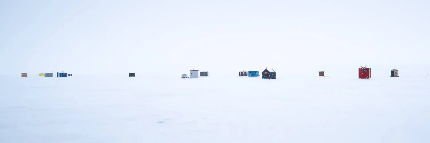 Ice fishing huts on Lake Winnipeg.
