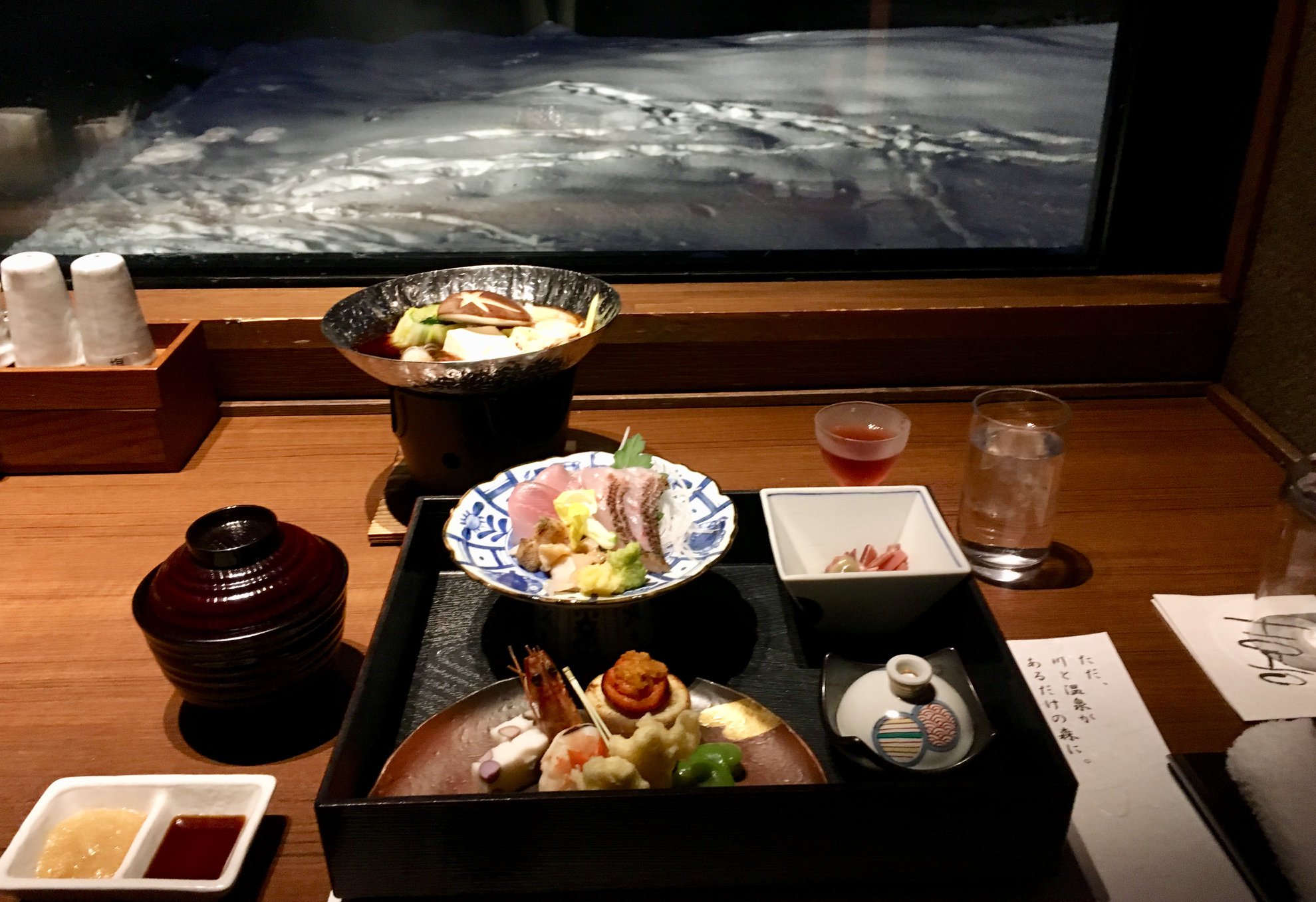 Another spectacular kaiseki meal. Out the window is the Akan river and the paths through the snow were made by local dear who like to sleep on the ground warmed by the hot springs.