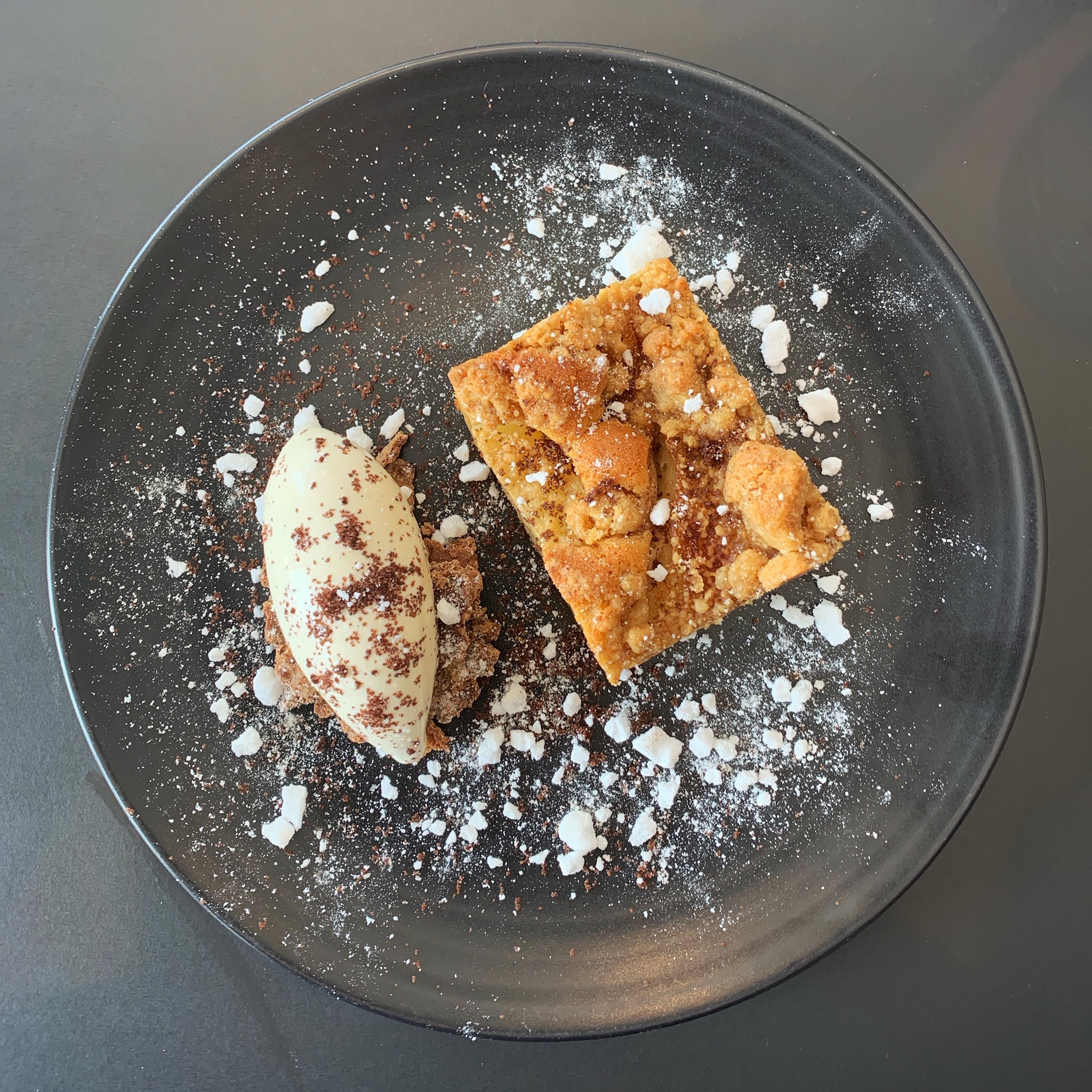 Apple 'cake’ and homemade ice cream.