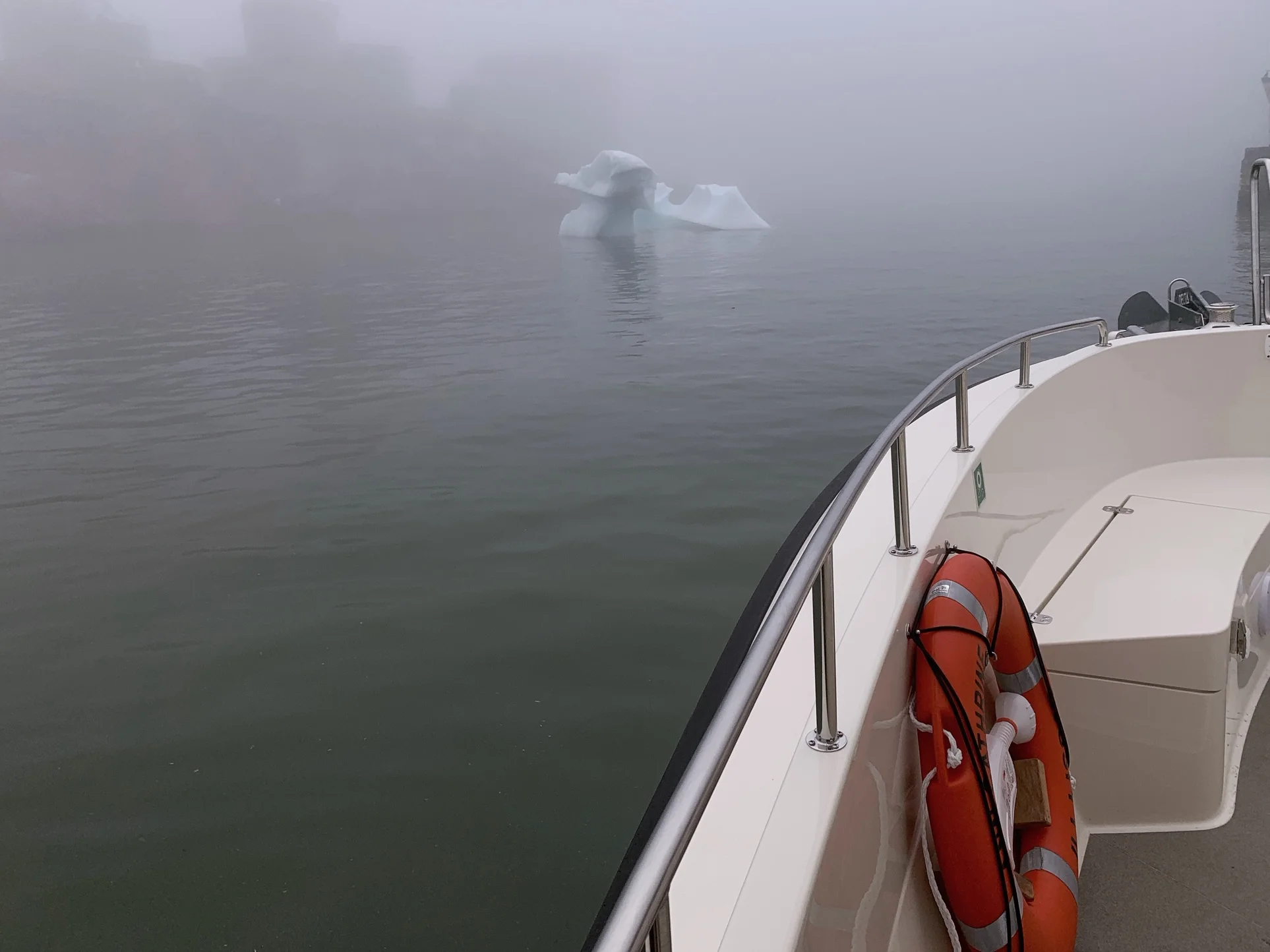 Foggy Ilulissat harbour on our first night’s boat ride.
