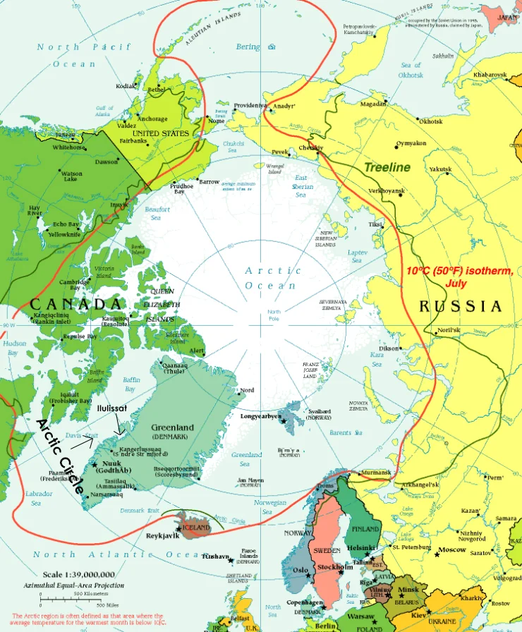 The three definitions of ‘Arctic’: (1) north of 66° 34’, the Arctic Circle (2) above the treeline (green line) and (3) the area where the hottest month of the summer averages below 10°C (red line). By any measure, Ilulissat, Greenland is in the Arctic. Source: Wikipedia, “Arctic Circle”