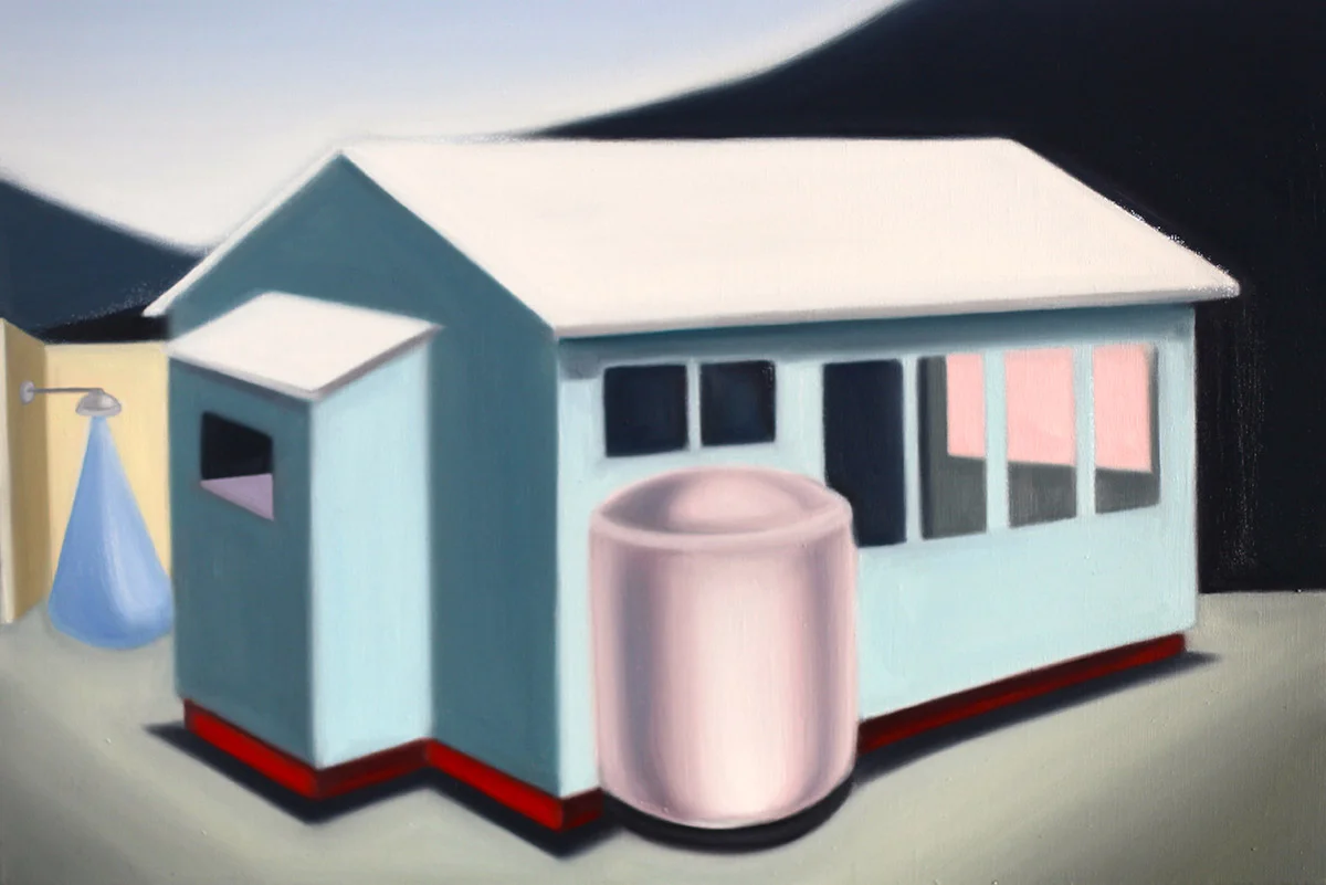 Pink Tank and Outside Shower Oil on linen 76cm x 51cm