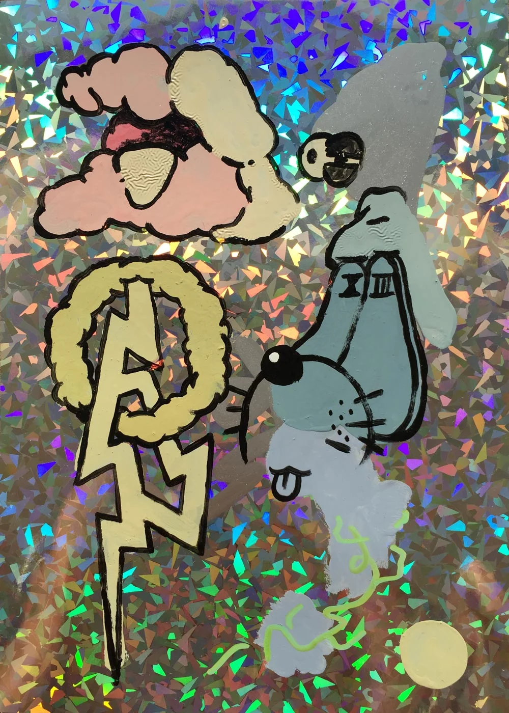 Coral Helmet, Half Infinty Lightning Thought and Gravestones for Eyes Mixed media on holographic paper