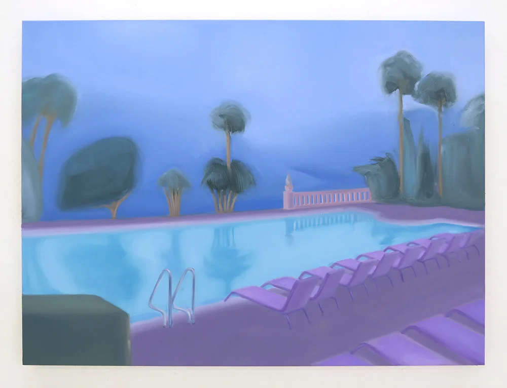 Bellagio pool view of distant mountains Oil on linen 122cm x 91.5cm