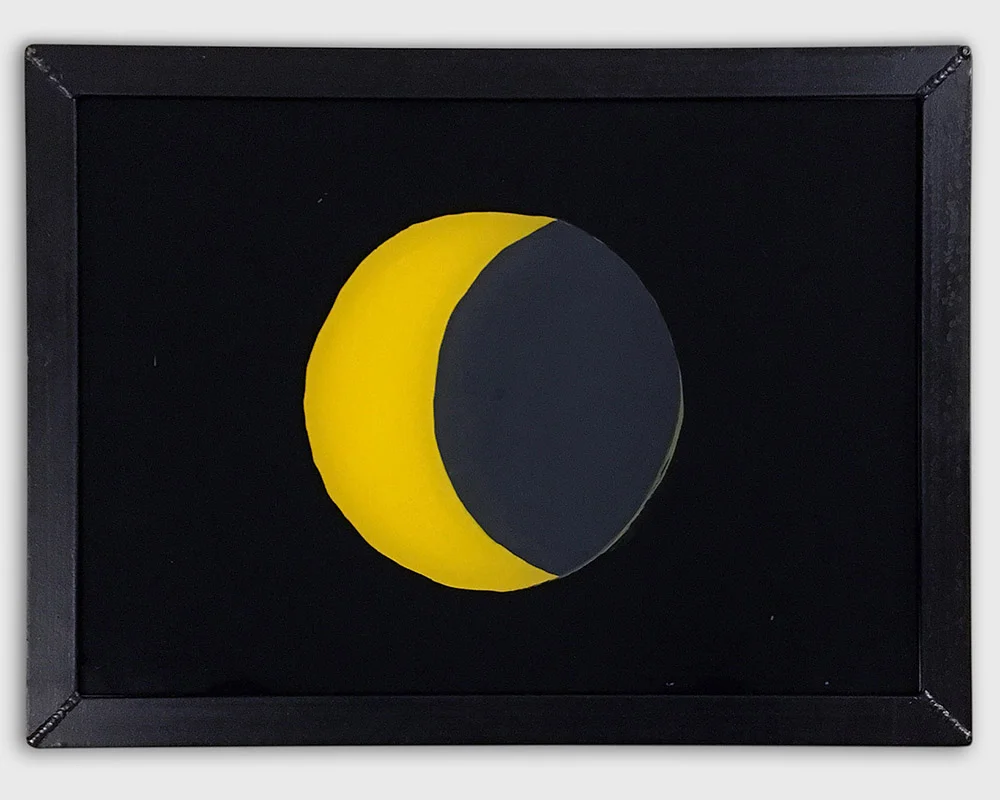 The Moon, The Sun Enamel on toughened Starphire glass, hand welded mild steel frame 38cm x 28cm