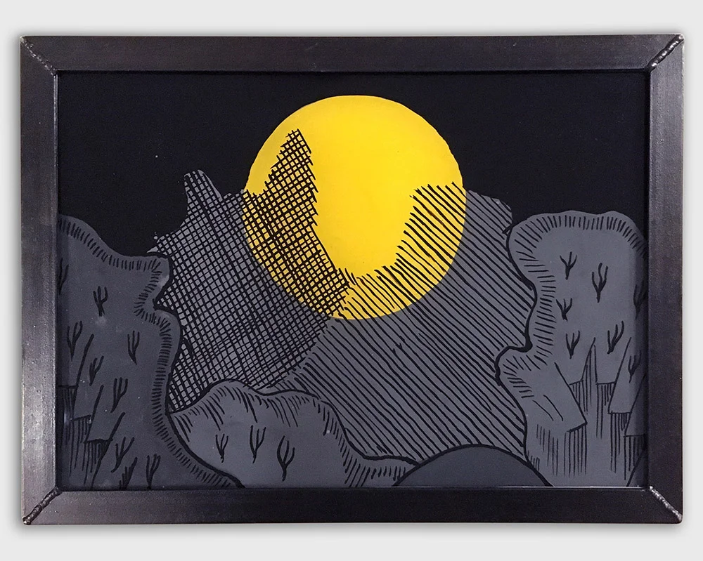 Mountain Tips Enamel on toughened Starphire glass, hand welded mild steel frame 38cm x 28cm