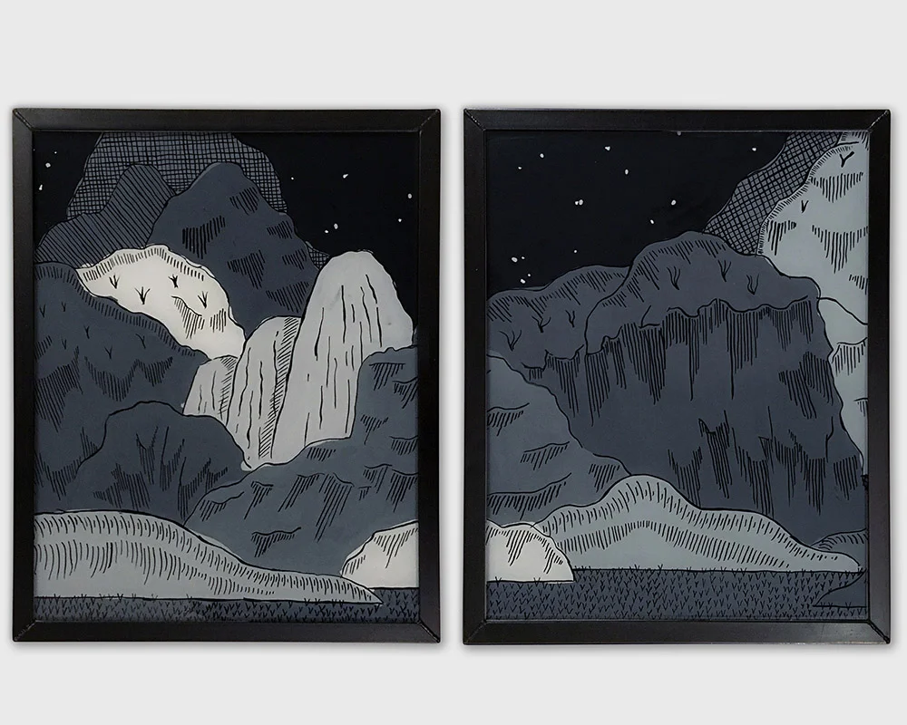 Night Crossing - diptych Enamel on toughened Starphire glass, hand welded mild steel frame 85cm x 52cm