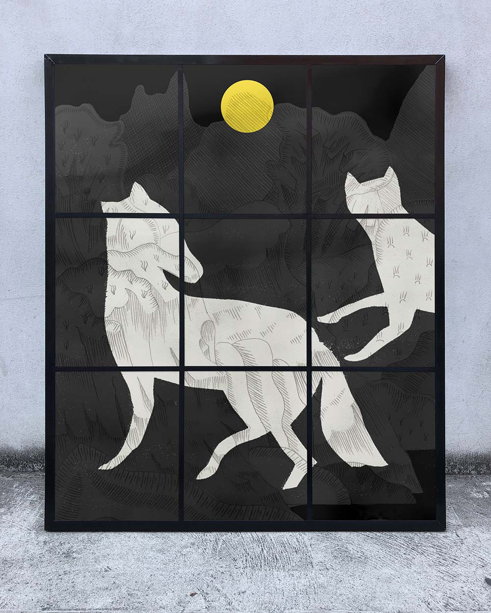 Mountain Pass - With Hounds Enamel on toughened Starphire glass, hand welded mild steel frame 121cm x 145cm