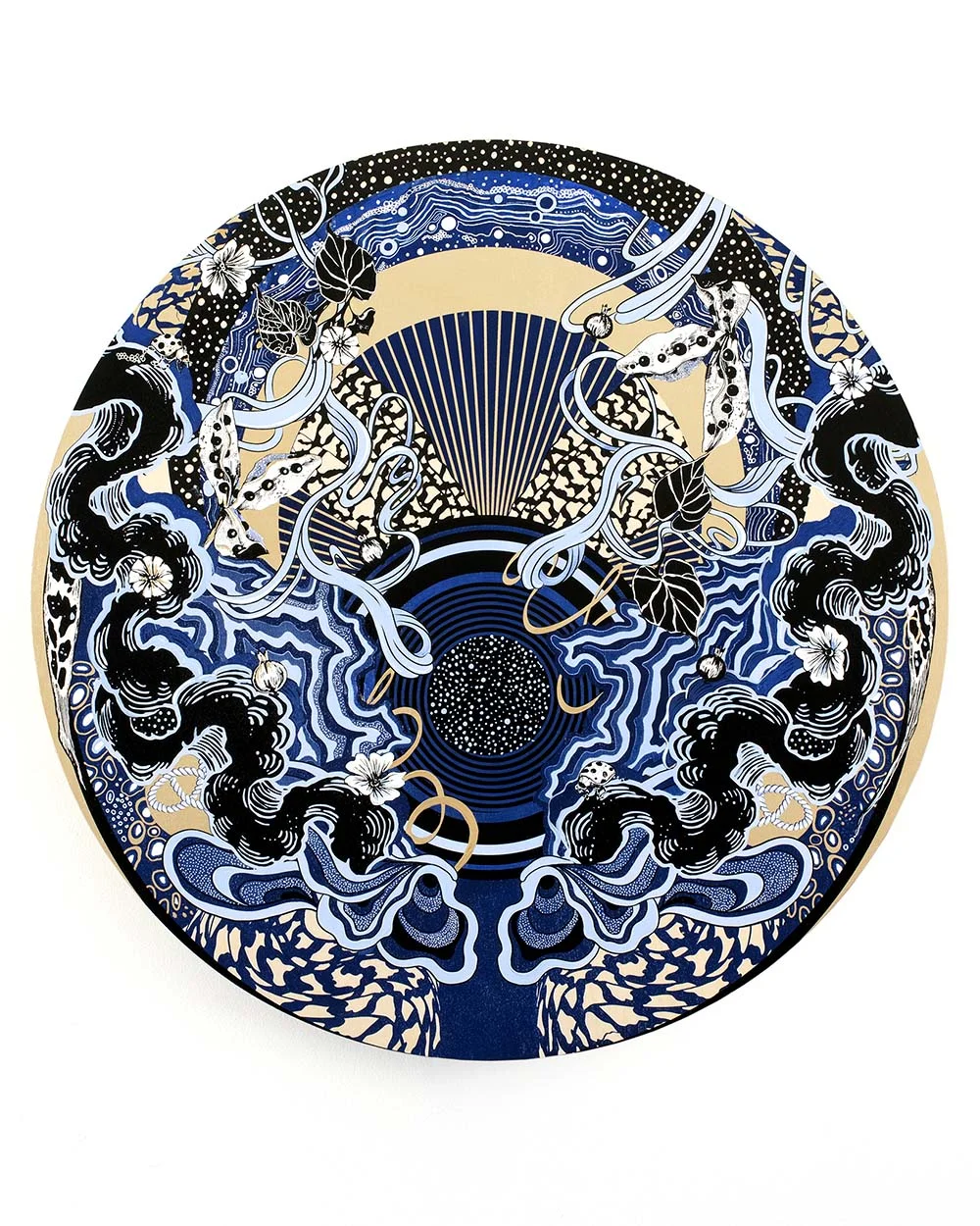 CALM Unique edition screen print, with hand painted acrylic detail on birch 60cm diameter
