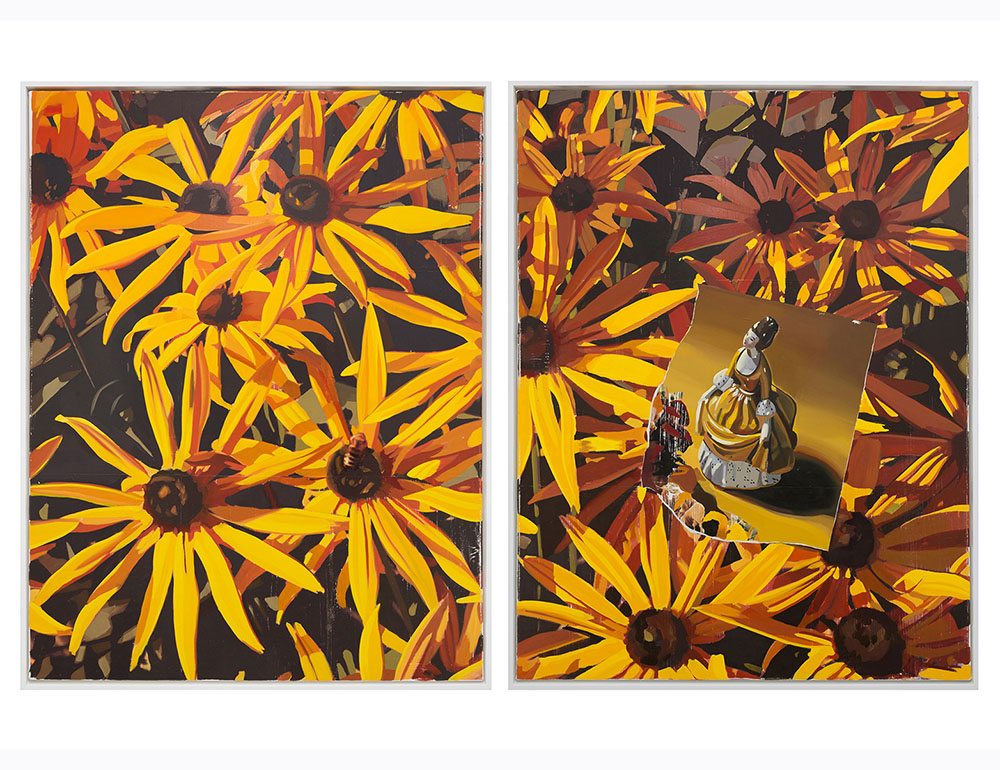 Figure and Bloom diptych Ink transfer and oil on canvas 113cm x 174cm - across two pieces