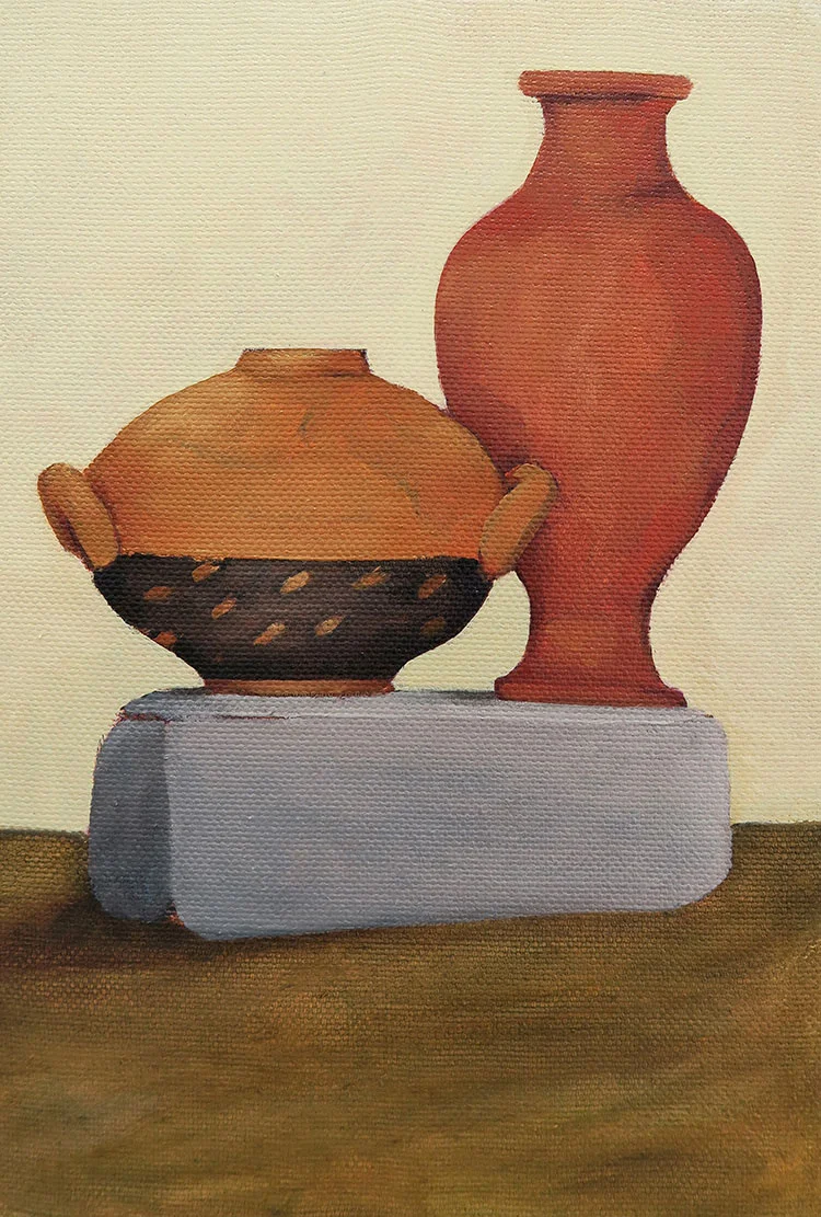 Terracotta Vessels on Brick Oil and acrylic on linen 38cm x 56cm