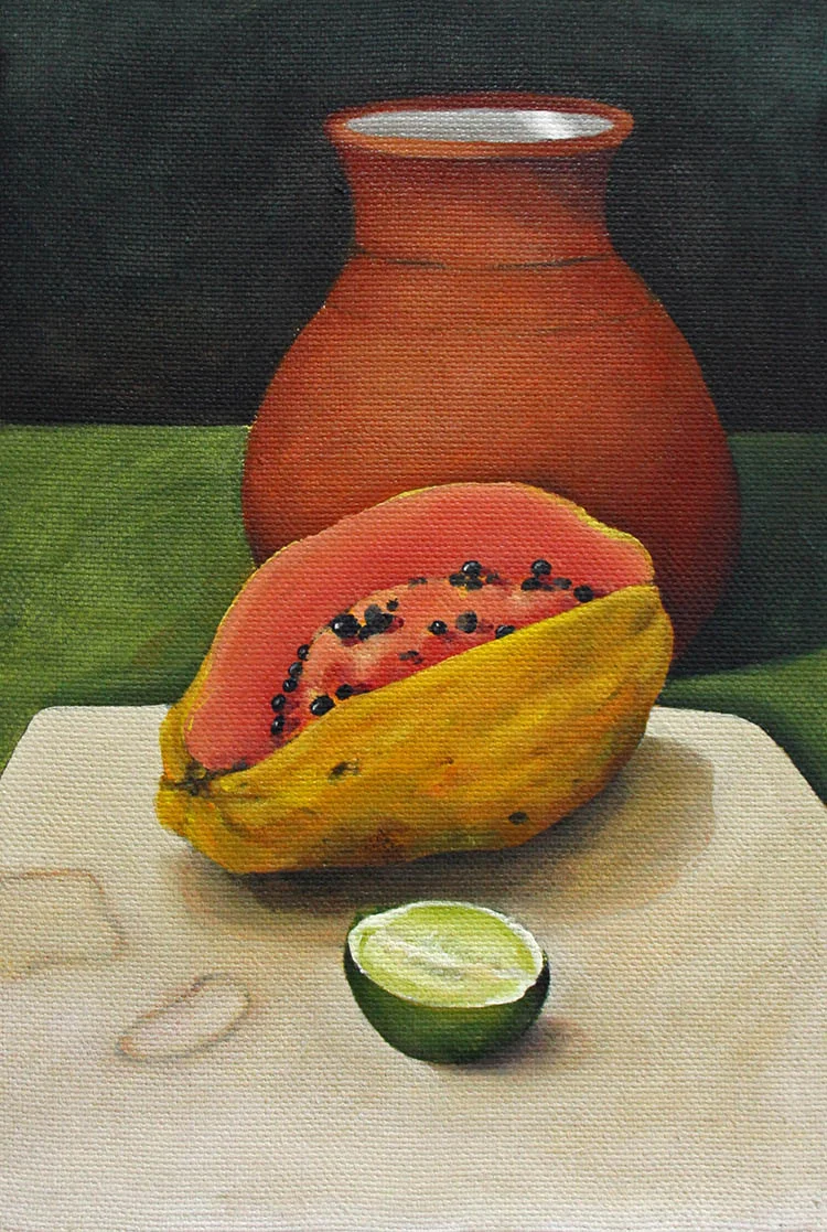 Cut Papaya with Terracotta vase Oil and acrylic on poly-cotton 56cm x 38cm