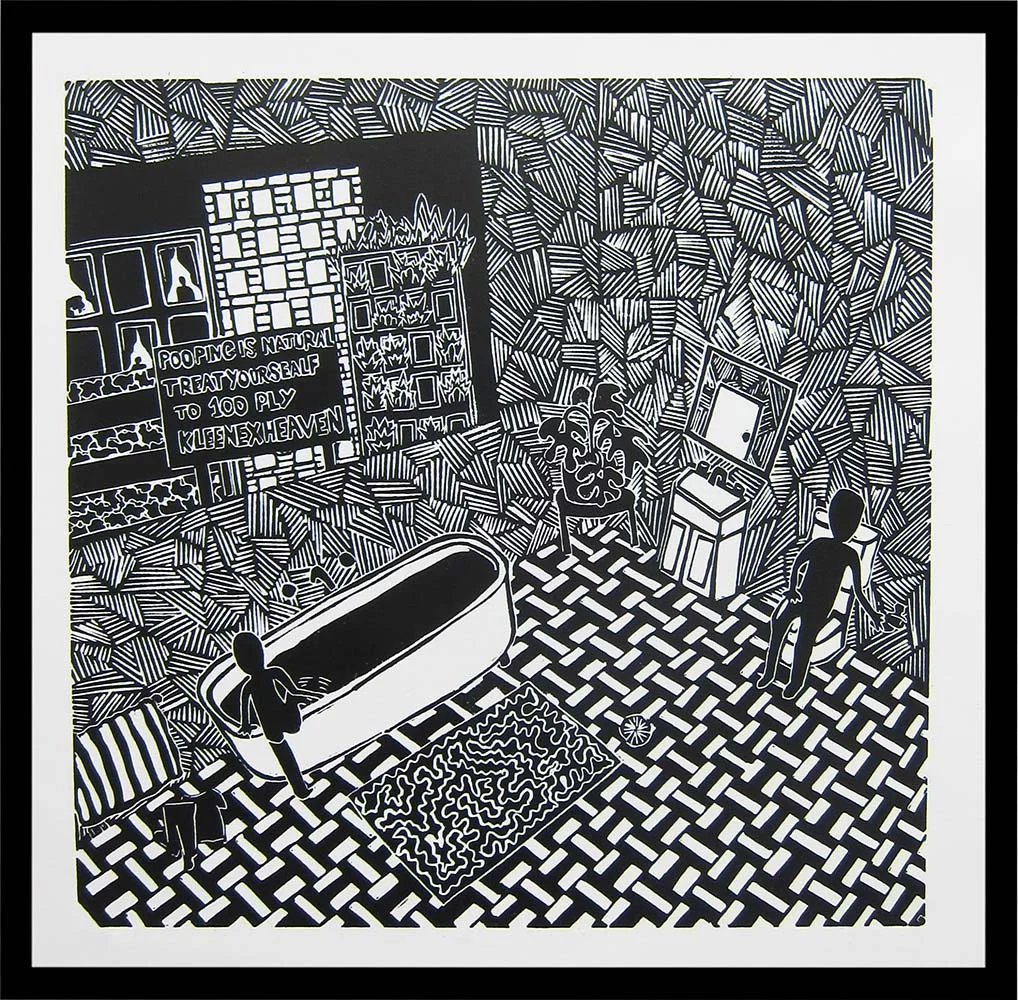 Date Night Hand pressed lino print, with Sakura oil ink on Fabriano printing paper 30cm x 30cm