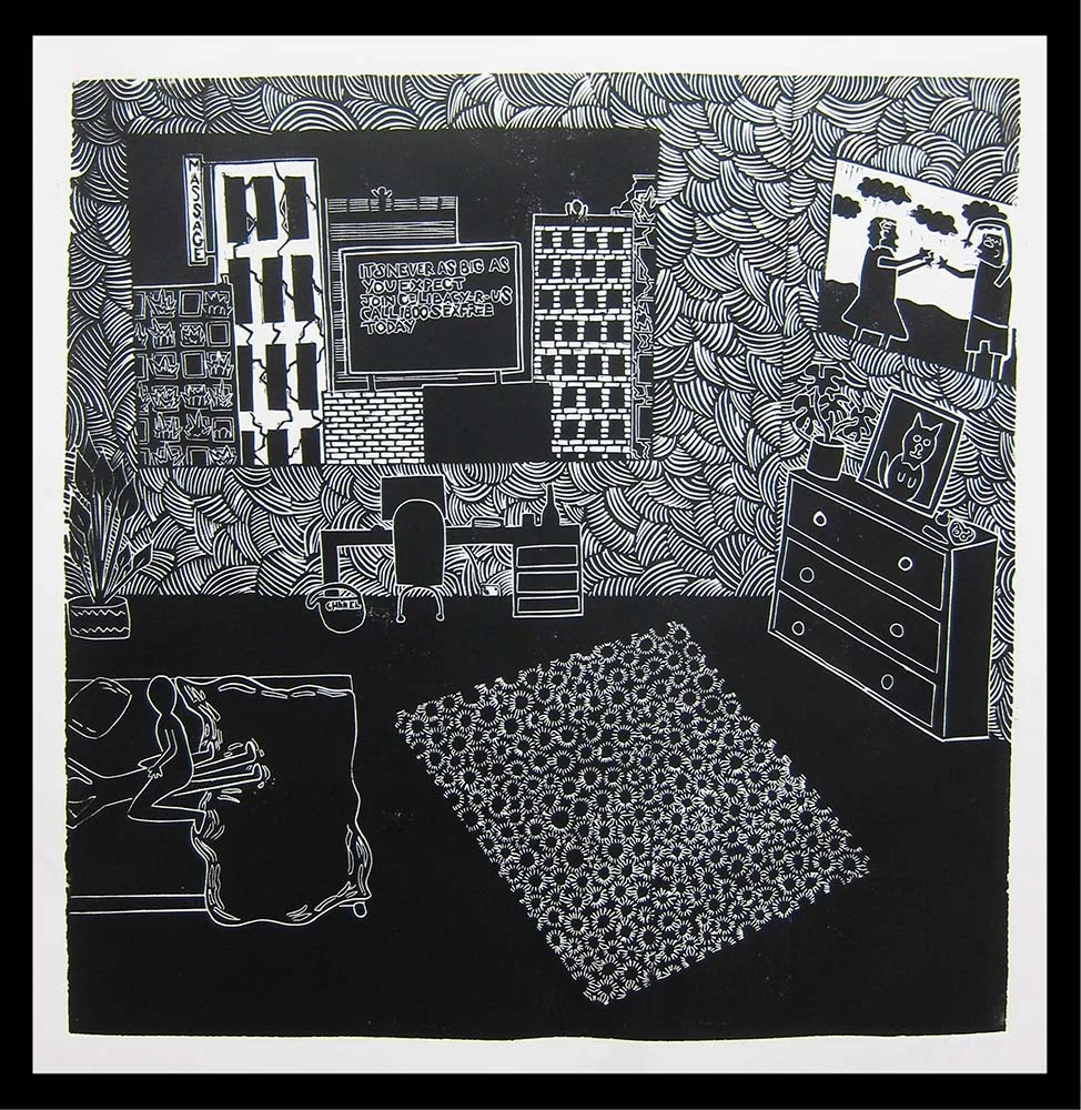 It's Never as Big Hand pressed lino print, with Sakura oil ink on Fabriano printing paper 45cm x 45cm