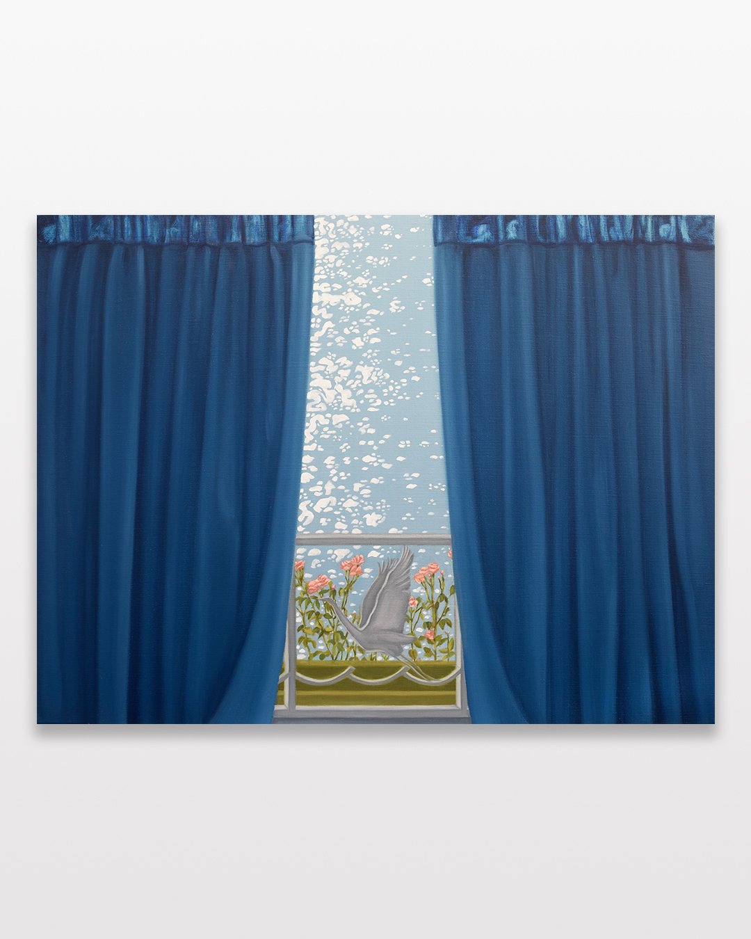Lucy O'Doherty ‘Pthalo blue curtains, Heron railing and rose garden’. Original artwork