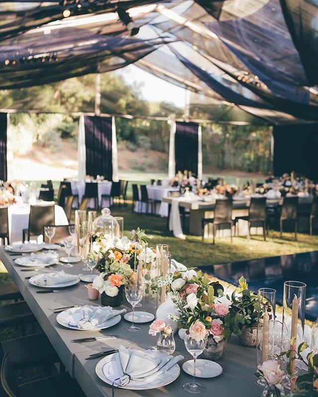 Dreaming of a starry night back in Ojai, the ceiling treatment we designed was meant to look beautiful during daylight and dramatic after sunset. The twinkle lights softly hidden under layers of sheer tulle, juxtaposition the concrete head table. Ahh
