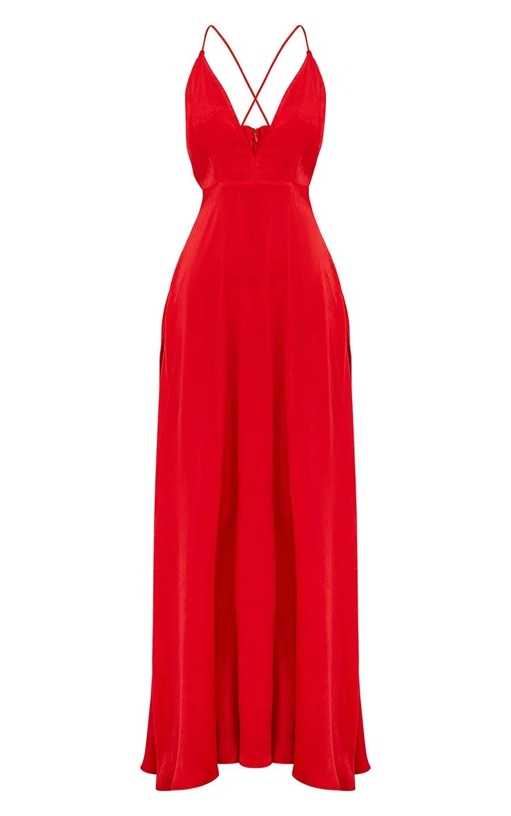 red extreme split strappy back maxi dress
