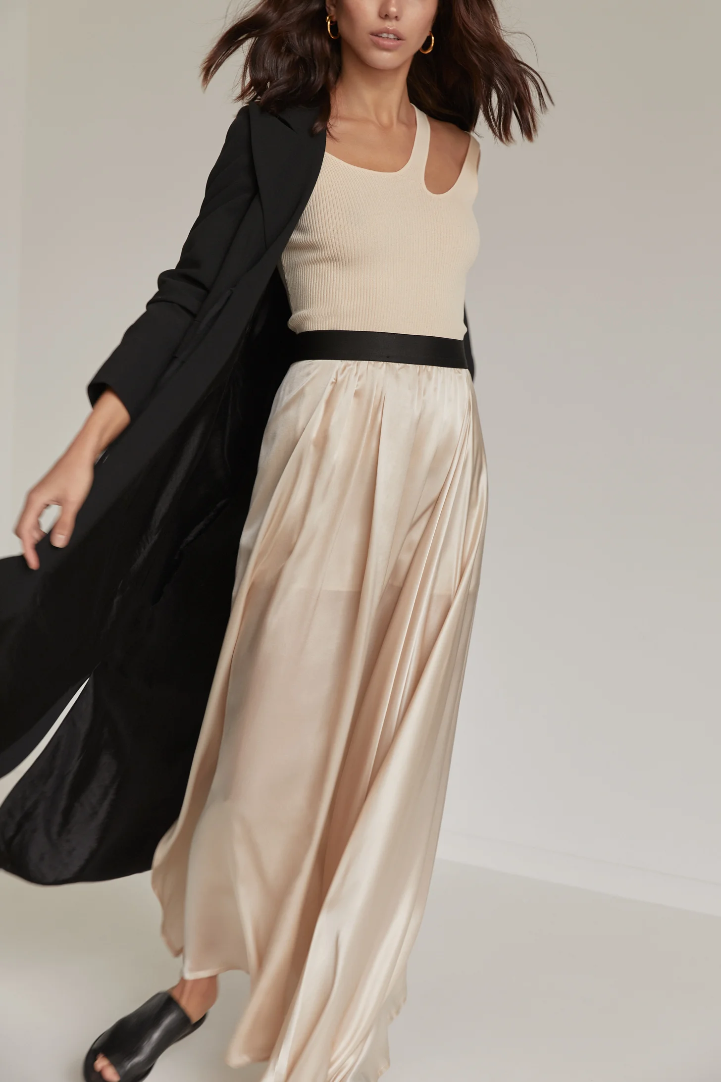 Coat | Ann Demeulemeester at Island Luxe , Vest | Zara , Skirt | Ann Demeulemeester at Island Luxe , Sandals | Dimissianos & Miller at Island Luxe , Earrings | Flash