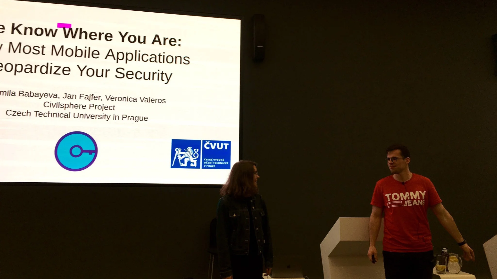 Jan Fajfer and Kamila Babayeva presenting “We Know Where You Are: How Most Mobile Applications Jeopardize Your Security“ at OWASP Czech Chapter Meeting, May 2019.