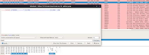 Figure 2: Suspicious data finding at Mirai port 4441 in Wireshark and its TCP Stream. The decoded hexadecimal payload cant be read with Wireshark.