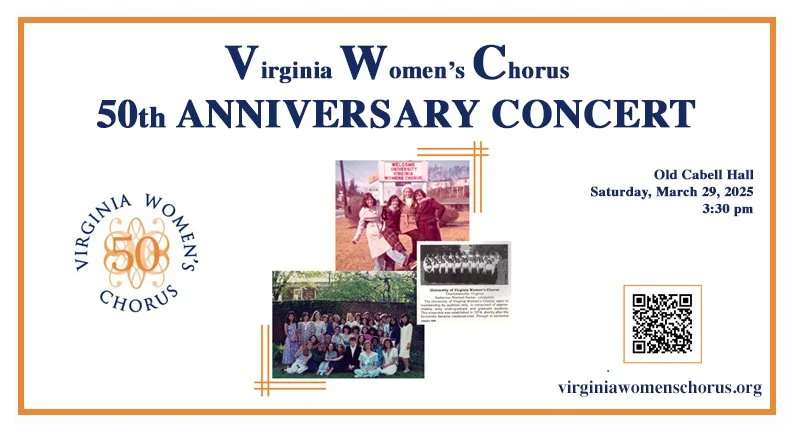 VWC 50th anniversary concert poster with photos of the chorus in the middle and the logo on the left