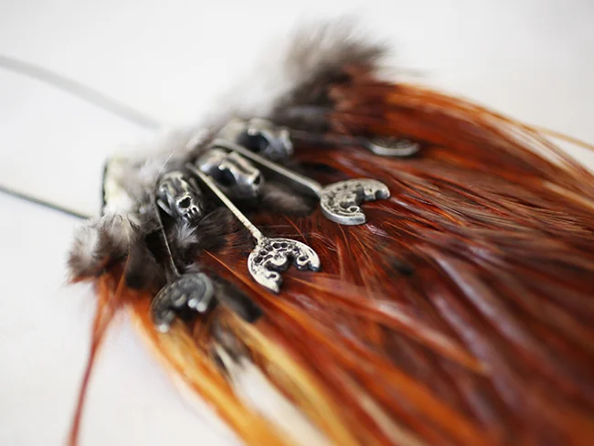 Miyu Decay Bat Skull Necklace on Feather Pelt