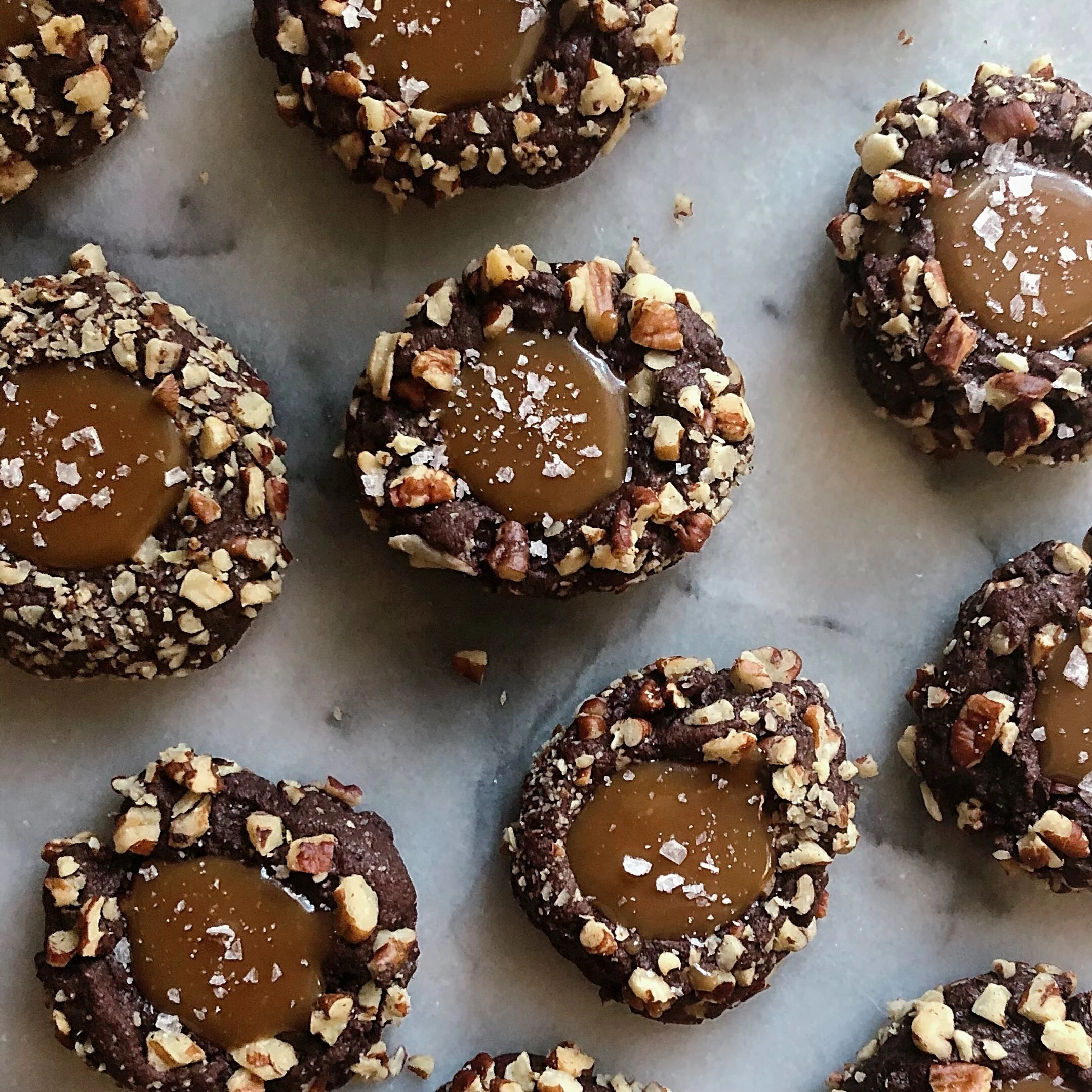 DARK CHOCOLATE CARAMEL PECAN THUMBPRINTS