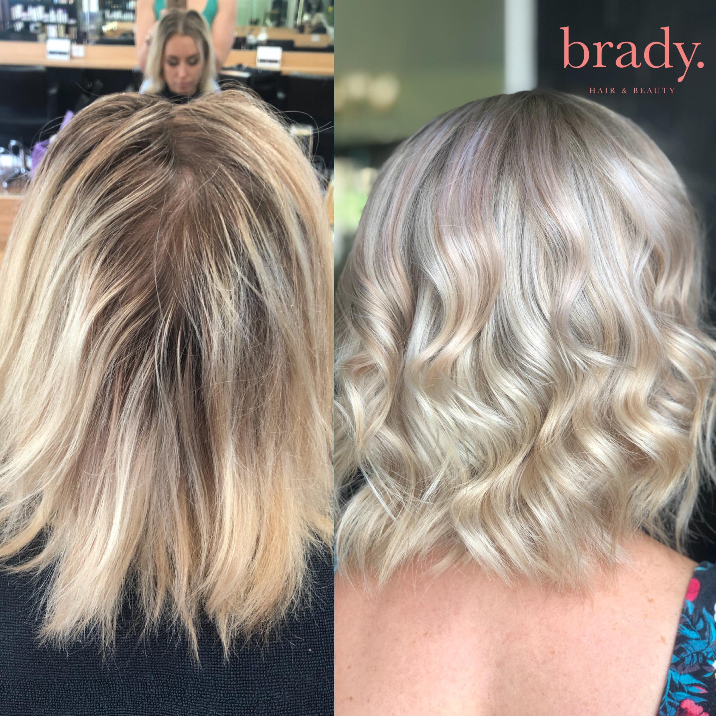  Before and after photo - medium wavy blonde hair styled by Brady. Hair &amp; Beauty, Toowong, Brisbane. 