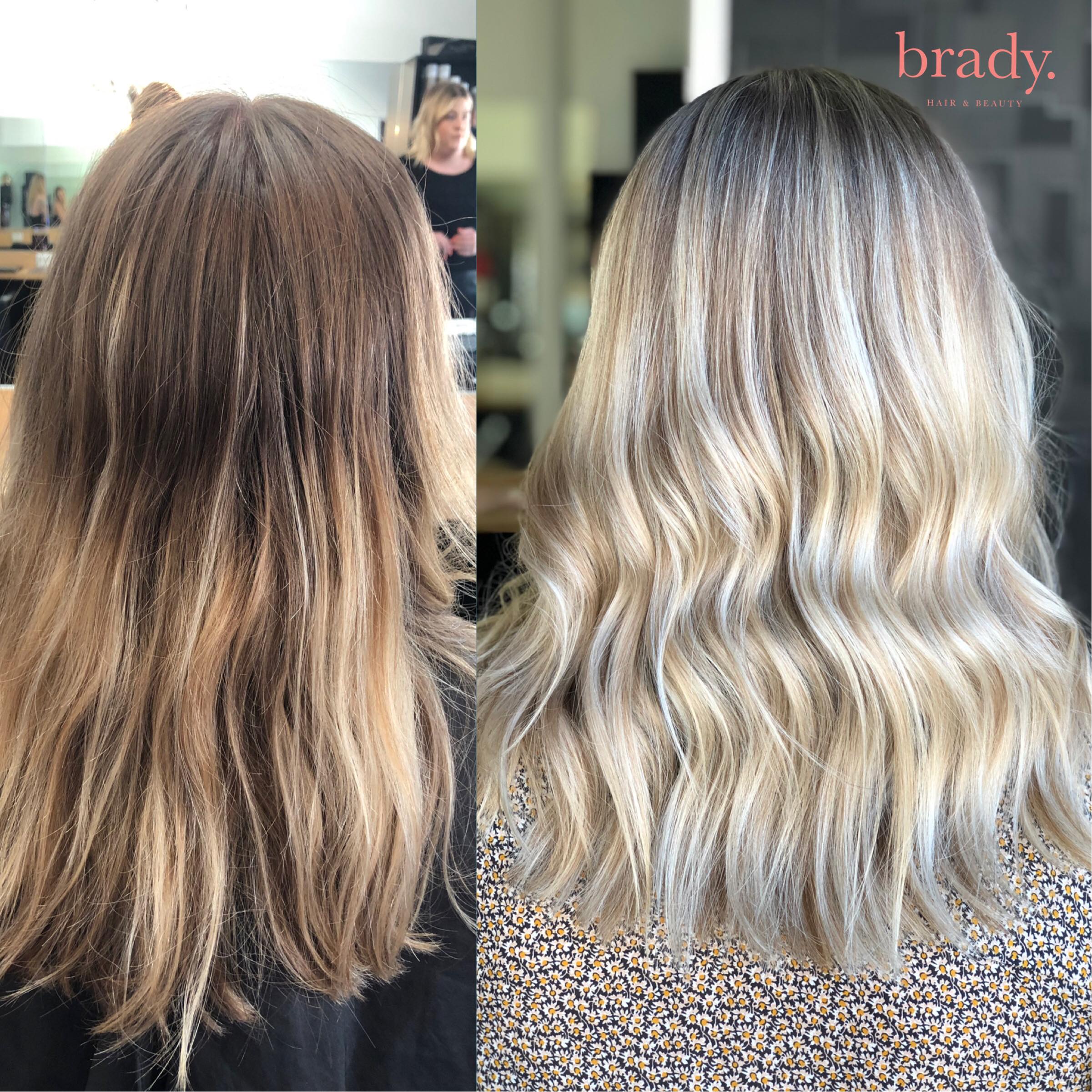  Before and after photo, medium wavy blonde hair styled by Brady. Hair &amp; Beauty, Toowong. 