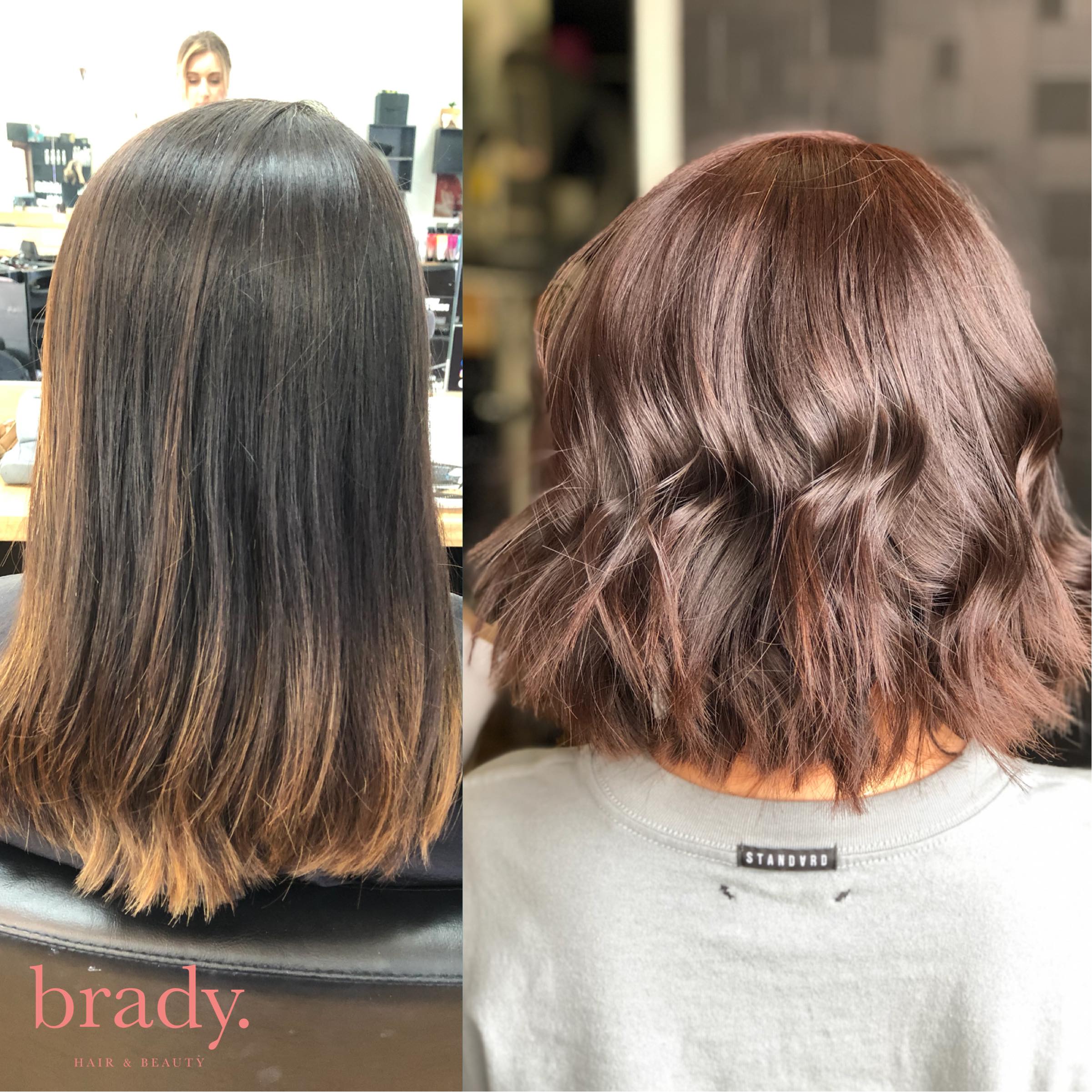  Before and after picture of woman with short, wavy, reddish brown hair styled by Brady. Hair &amp; Beauty, Toowong, Brisbane. 