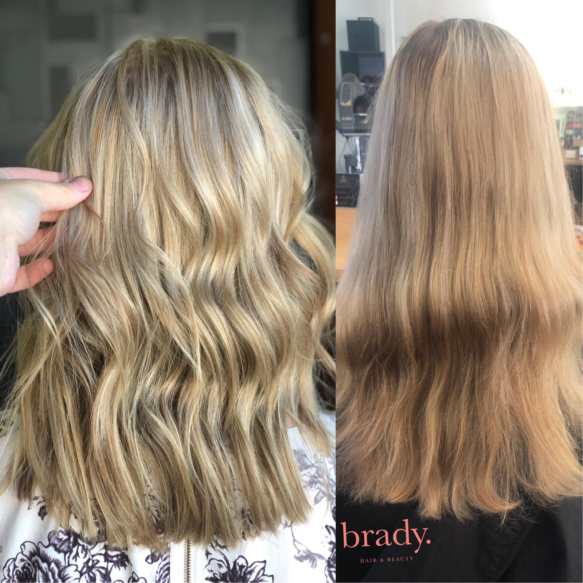  Before and after photo of woman with long medium ash blonde hair. Styled by Brady. Hair &amp; Beauty, Toowong, Brisbane. 
