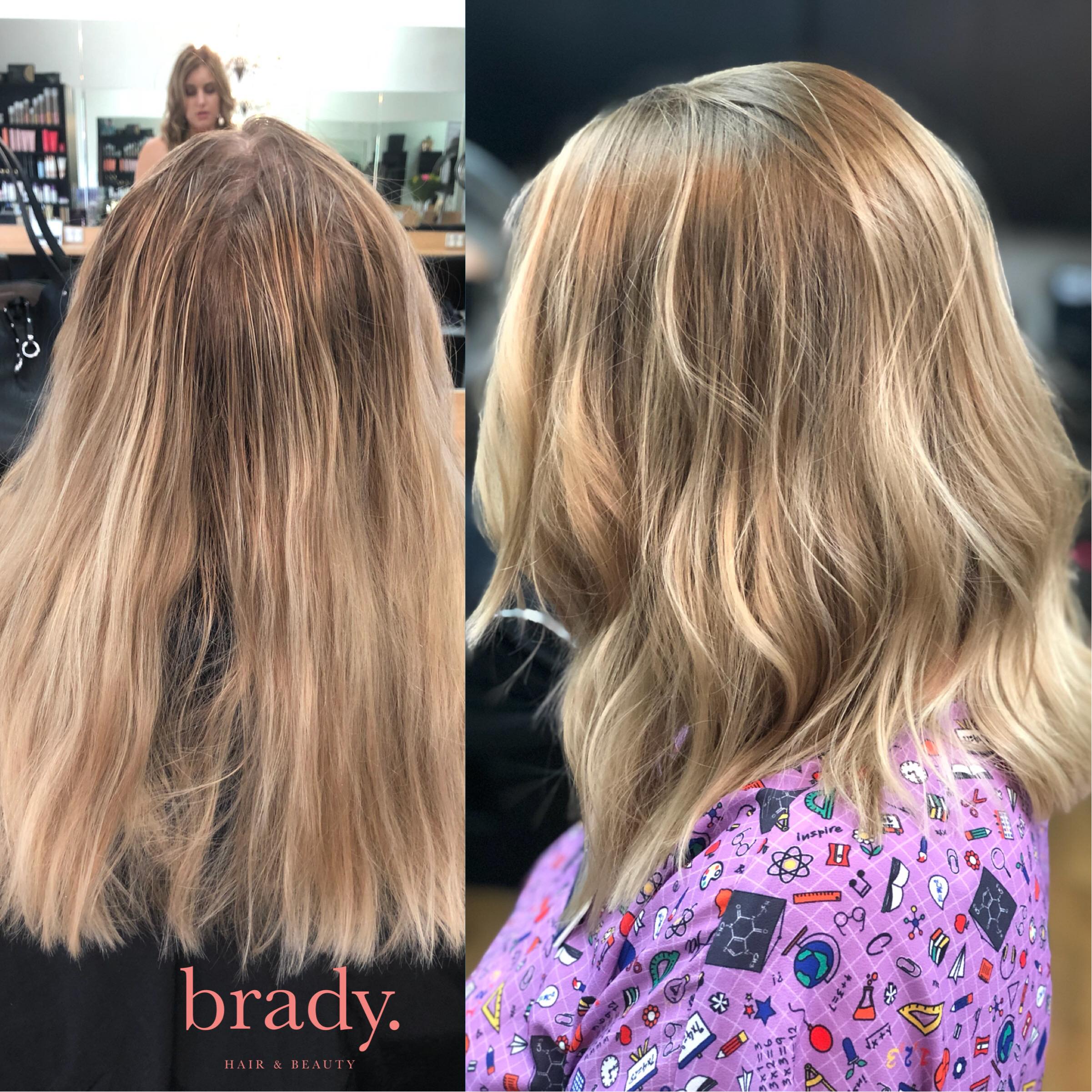  Before and after picture of hairstyle. Final result: woman with medium ash blonde wavy hair. Styled by Brady. Hair &amp; Beauty, Toowong, Brisbane. 