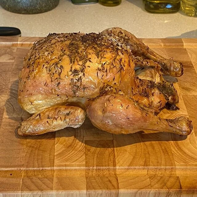 Roast chicken tonight. This is with thyme and garlic What are you all having for dinner this Sunday? #sundayroast #roastchicken