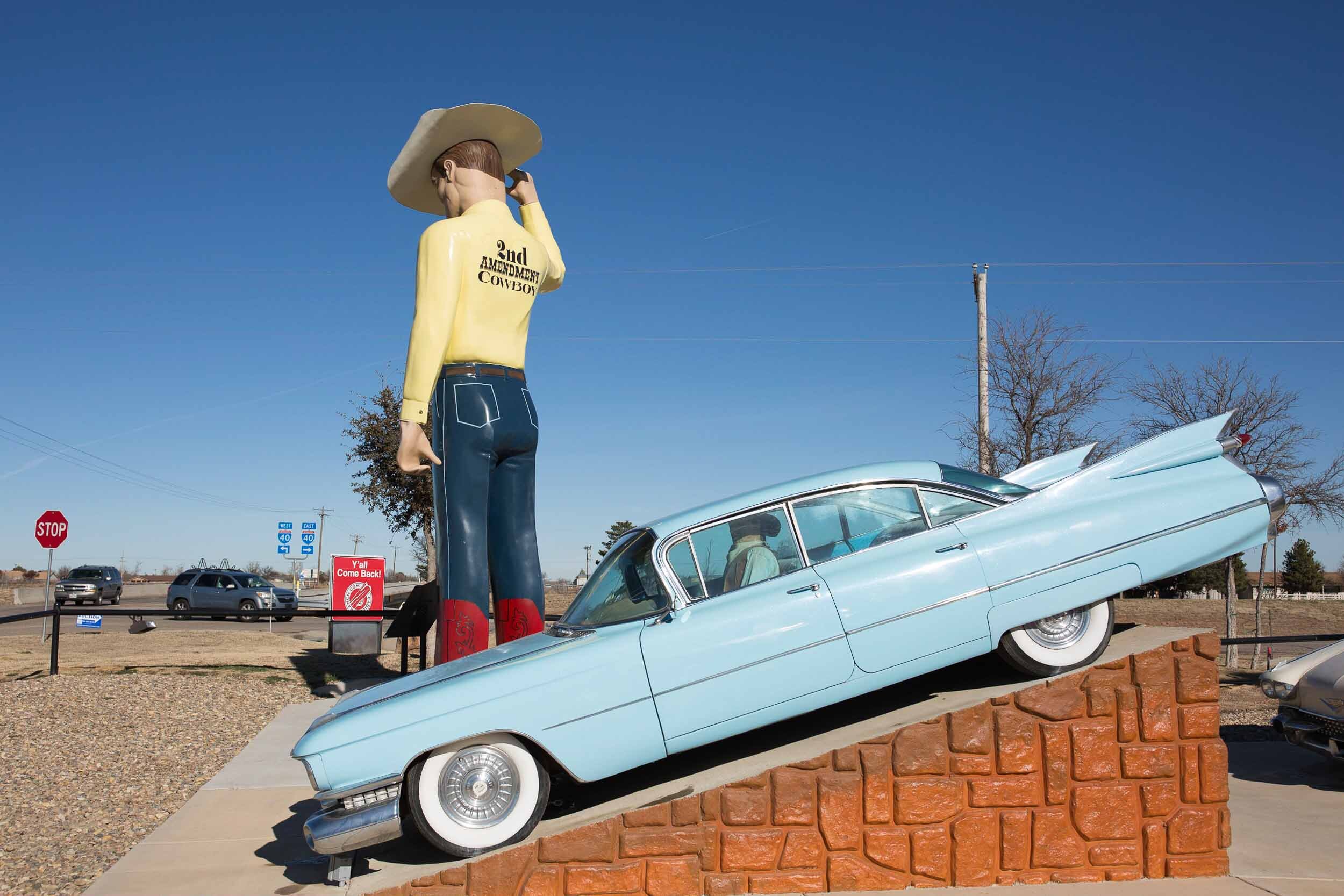 The 2nd Amendment Cowboy muffler man stands tall on Route 66 in Amarillo, TX