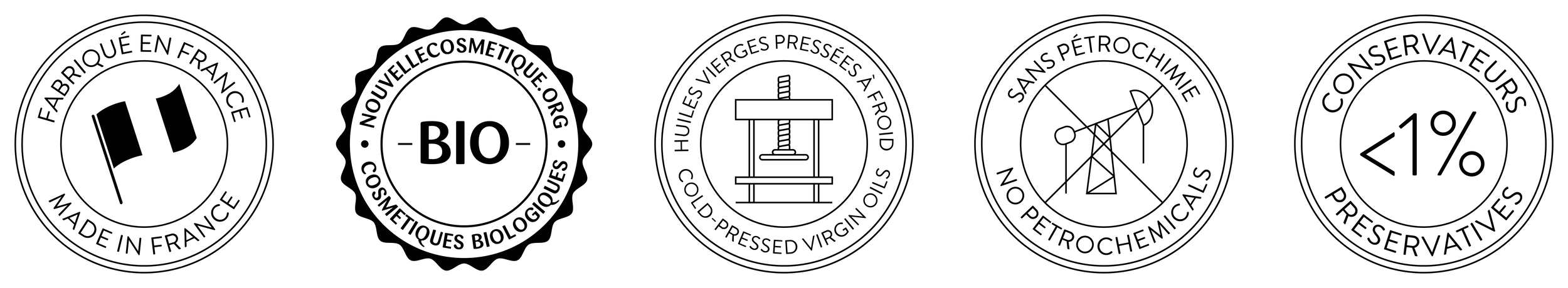 Made in France, organic cosmetics, cold-pressed virgin oils, no petrochemicals, less than 1% preservatives