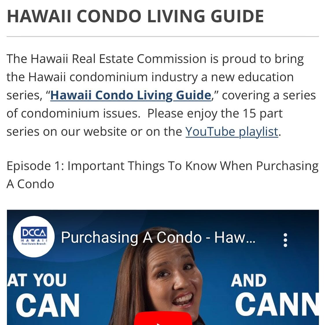 Thinking about buying a condo?  It could be a great option but let me tell you, they're not for everyone. The DCCA has created this incredibly helpful resource to help you decide if it's the right move for you. Check out the
Hawaii Condo Living Guide