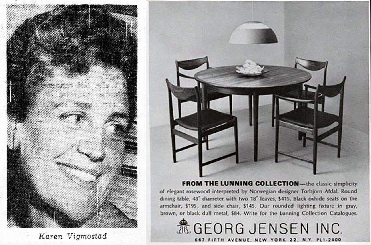 Til venstre: Karen Vigmostad. Til Høyre: Reklame for Georg Jensen Inc. i New York.