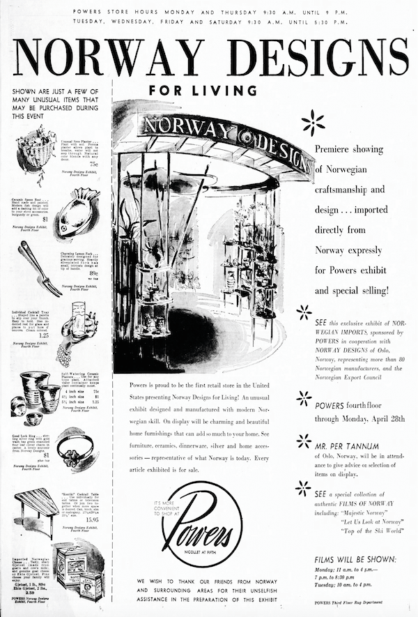 Reklame for Norway Designs for Living utstillingen hos Powers Department Store.